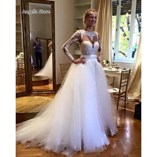 2021 Long Sleeve Mermaid Wedding Dress With Detachable Train Overskirt Bridal Gowns Sexy Backless Appliqued Lace Country Style