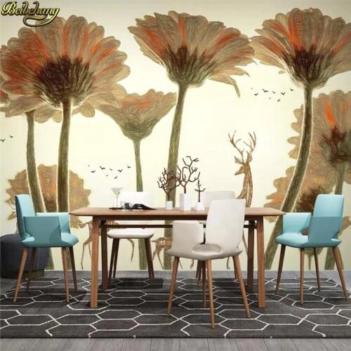 Beibehang Custom 3d wallpaper mural Nordic hand-painted modern minimalist elk flower TV background wall papers home decor