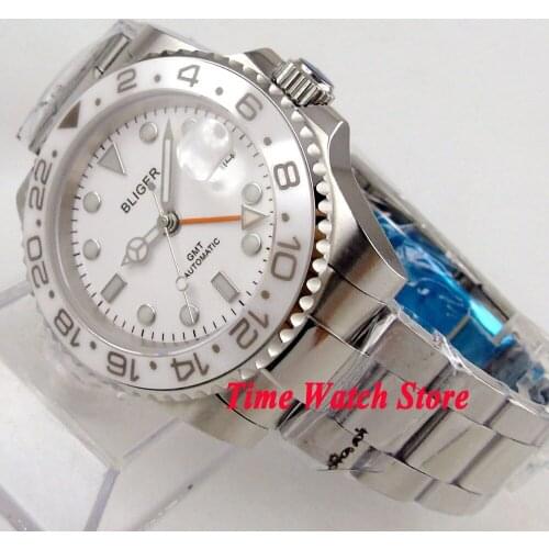 Bliger 40mm white dial luminous saphire glass Ceramic Bezel orange GMT Automatic movement mens watch men 139