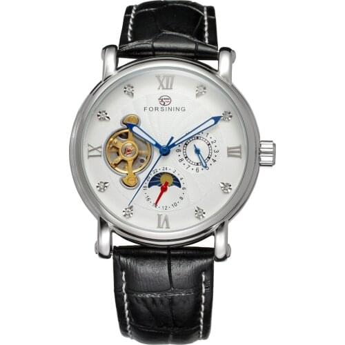 FORSINING Luxury Tourbillon Diamond Calendar High Quality Automatic Watches Men Leather Strap Silver Mens Mechanical Watches