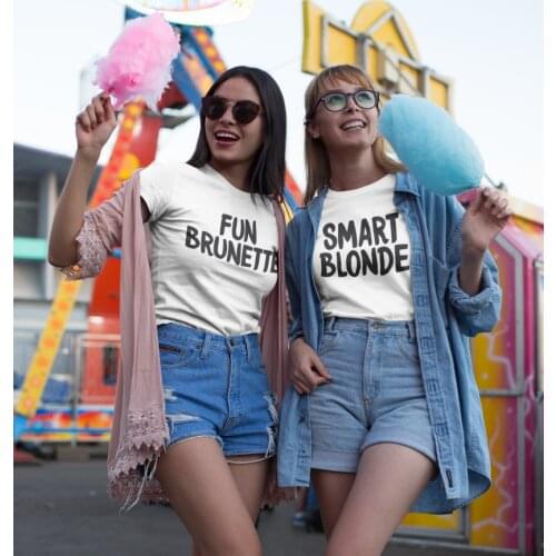 Fun Brunette Smart Blonde Print BBF Best Friends Sisters T Shirt Women Short Sleeve Graphic Tees Summer Tops Tumblr Camisetas