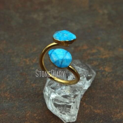 RM5576 10Pcs Discount Blue White Turquoises Ring Double Gold Color Faceted Tear Drop Ring Adjustable