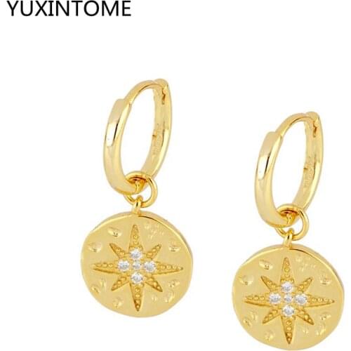 Personality Geometric Round Coin Pendant Hoop Earrings 925 silver ear buckle Hypoallergenic Ear Jewelry For Women Girl Gifts