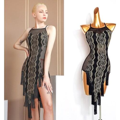 Summer Latin Dance Sling Dress Mesh Fringe Competition Dresses Tango Practice Wear Women Rumba Performance Costume VDB3677