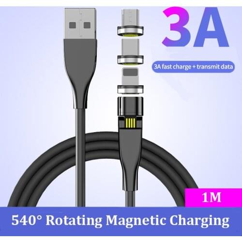 Magnetic Cable 540 Rotation Charging 3A Micro USB Type C Cable Magnet Charger For IPhone Samsung Xiaomi Phone Charging Data
