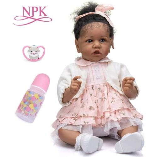 NPK 56CM Soft Body Reborn Toddler Saskia in Dark Brown Skin Color African American Cuddly Baby Girl Doll Hand-rooted hair