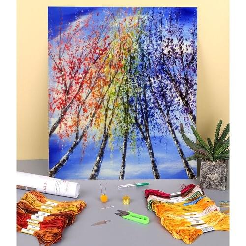 Natural Scenery Rainbow Birches Printed Fabric 11CT Cross Stitch Set DIY Embroidery DMC Threads Handicraft Hobby Floss