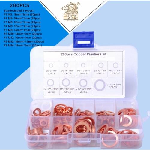 200Pcs copper Washer Gasket Nut and Bolt Set Flat Ring Seal Assortment Kit with Box M5/M6/M8/M10/M12/M14 for Sump Plugs