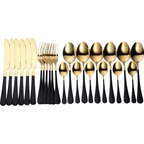 24Pcs Stainless Steel Cutlery Set Forks Spoons Knives Kitchen Tableware Mirror Dinner Set Black Gold Dinnerware Set Dropshipping