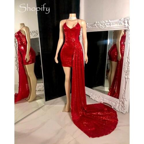 New Arrival Sweetheart Sparkly Red Sequin African Black Girls Backless Mini Short Prom Dresses 2021 With Side Train