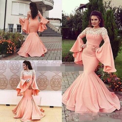 Arabic Style Mermaid Prom Dresses Trumpet Long Sleeves Lace Appliques Evening Gowns Zipper Back Floor Length Dubai Party Dress