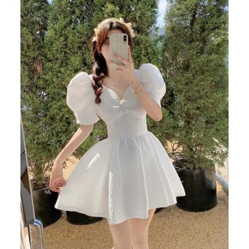 White Sexy V-neckBackless Mini Dresses Puff Sleeve Sweet Dress Summer Holiday Sundress Elegant Dress Clothes new fashion2021