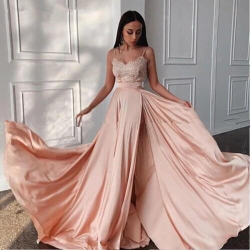 Peach Evening Dresses A-line Spaghetti Straps Chiffon Appliques Dubai Saudi Arabia Long Prom Dress Gown Robe De Soiree