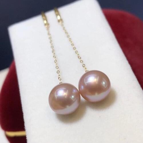 D402 Pearl Earrings Fine Jewelry 18k Solid Gold Natural Round 8-9mm Fresh Water Light Purple Pearls Drop Earrings for Women