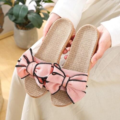 Slipper Womens Home Floor Non-slip Sandals Home Cute Bow Linen Slippers Womens Shoes Flat Slippers for Women Fashion Shoes