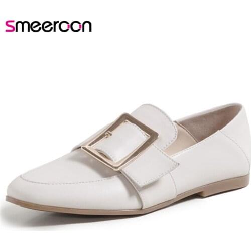 Smeeroon 2021 Single Shoes Women Genuine Leather Footwear Buckle Slip On Comfortable Flat Shoes Spring Summer Casual Shoes Woman