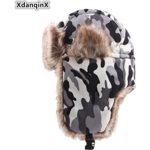 XdanqinX Winter Warm Camouflage Cap Velvet Thick Womens Bomber Hat Cycling Windproof Winter Hat Men Earmuffs Cap Couple Ski Cap