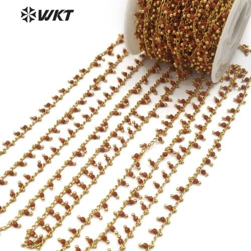 WT-RBC085 3mm beads 10 meters gold sand dangling rosary beads chain gold metal plated brass wire wrapped reddish brown color