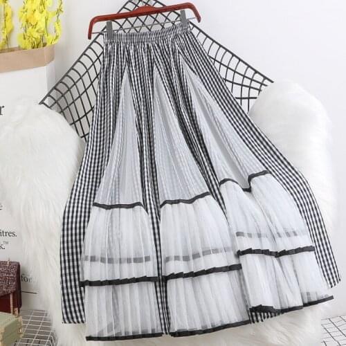 New Fall Women Skirt Stitching Irregular Stitching Mesh Polyester Plaid A-line Skirt Ladies Casual Mid-calf Pleated Skirt