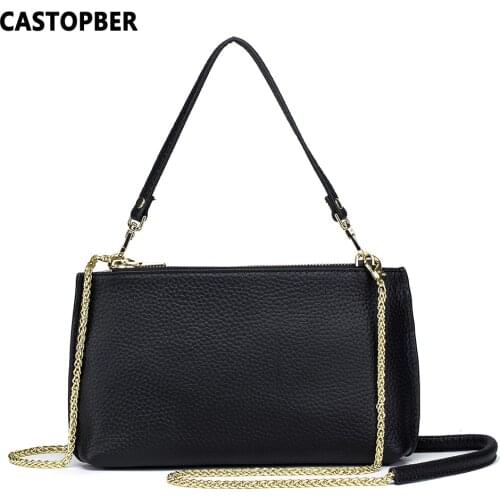 Ladies Crossbody Purse With Chain Strap Women Cowhide Genuine Leather Small Handbags Double Zipper For Cell Phone Simple Design