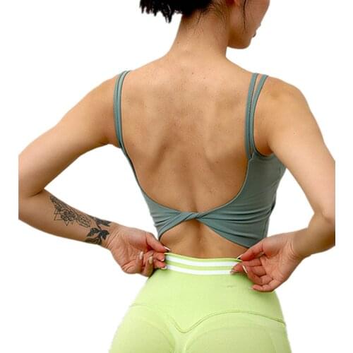 Women Sexy Back Cross Kink Yoga Vest Low Intensity Shockproof Sport Bra Running Quick Dry Sports Gym Dance Training Top With Pad