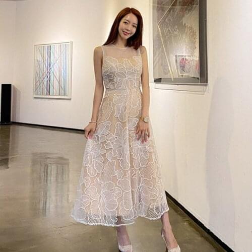 Elegant Women Lace Long Dress Korean Runway 2020 Summer sleeveless Vintage Hook flower A-line Party Dress Slim Maxi Dress