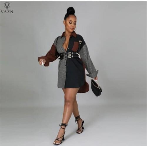 VAZN 2021 Women New Fashion Street Casual Style Short Dress Long Sleeve Lapel Single Breasted Printed Mini Short Shirt Dress
