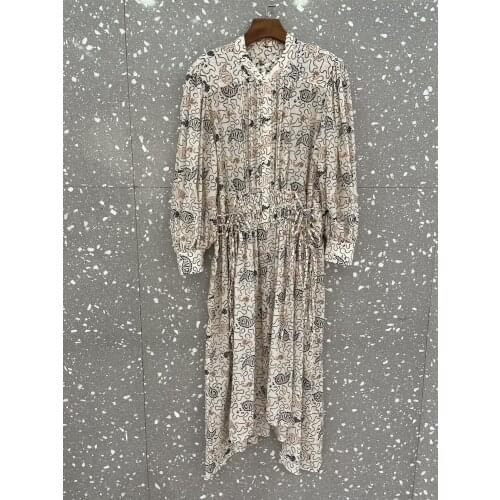 2021 summer Woman Paisley Floral Print Long Shirt dress Buttons front Stand Collar Drawstring Waist Tied Long Sleeves Midi dress