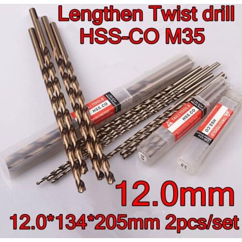 12.0*134*205mm 2pcs/set HSS CO5% M35 Containing cobalt longer twist drill Processing stainless steel and steel