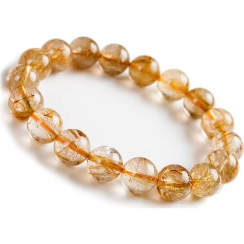 12mm Brazil Natural Yellow Gold Rutilated Quartz Crystal Stretch Clear Round Bead Bracelet Just One