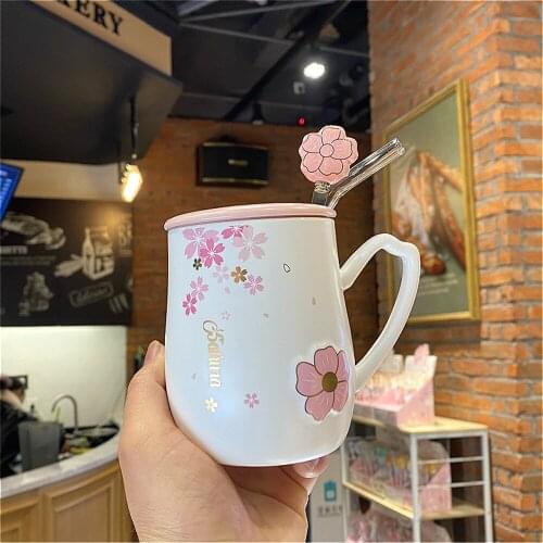 400ml Ceramic Cup with Lid Spoon Cute Flowers Pink Coffee Mug Tea Milk Creative Trend Couple Cup For Girls Student Gift Cup