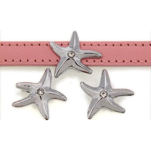 50PCS 10mm Alloy Silver Rhinstone Starfish Slide Charms Slide Beads DIY 10mm Bracelets Wristbands Pet Collar Belt Strap