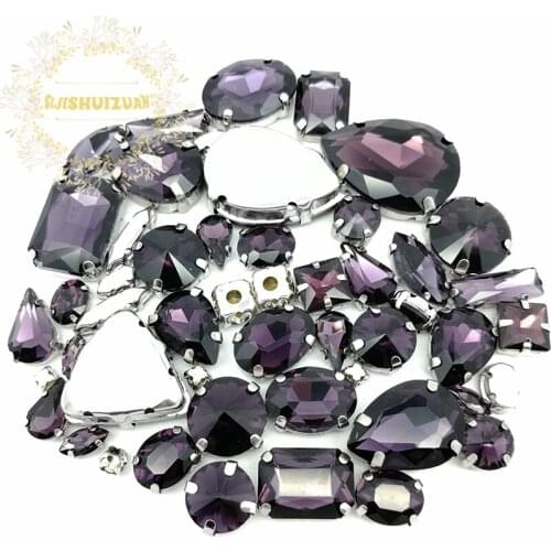 52pcs 23sizes 10shapes MIX Deep Purple Size Crystal Glass Sew-on Rhinestones silvery Bottom DIY Womens Dresses sijishuizuan