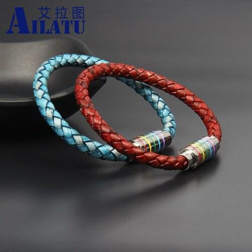 New Vintage Genuine Leather Bracelet Rainbow Color Stainless Steel Buckle Bangle Fashion Festival Gift