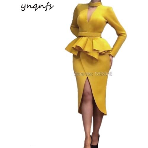 YNQNFS E46 Satin Tea Length Sexy Open Bust High Leg Slit High Neck Long Sleeve Gold Evening Dress Short 2019