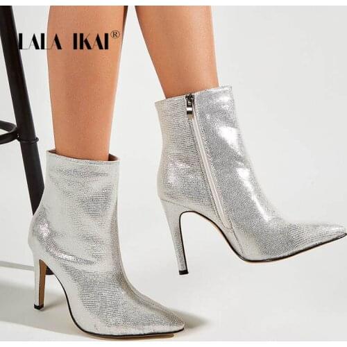 LALA IKAI Boots Women 2020 New Autumn Winter Sequin Cloth Ankle Boots 10CM High Heels Zipper Short Booties Fashion botas mujer