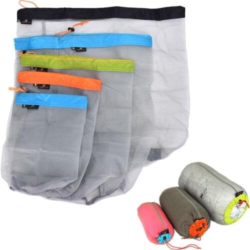 Hot Sale 1PC 5 Sizes Camping Sports Ultralight Mesh Stuff Sack Drawstring Bag Backpack Foldable Storage Bags High Quality