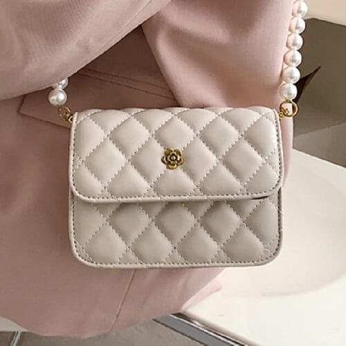 Rhombus Plaid Shoulder Bags Women Solid Color PU Leather Fashion Small Square Crossbody Bag Ladies Pearl Chain Flap Handbags Sac