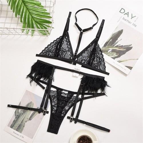 HUANBEAUTY New Sexy Women Set Lingerie 3pcs Set Lace Halter Feather Hollow Out Garters Wire Free Push Up Underwear Bra Set HB377