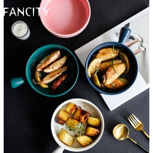 FANCITY Baking Bowl Nordic Household Ceramic Bowl Breakfast Baking Bowl with Handle Large Baking Bowl Oven Dedicated Baked Rice