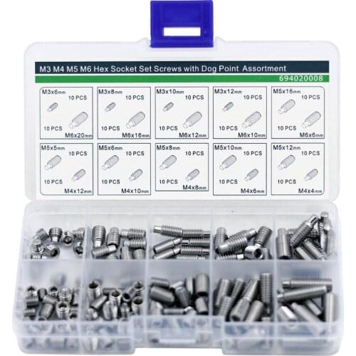 Hex Socket Set Screws with Dog Piont Assortment Kit,Stainless Steel,200 pieces