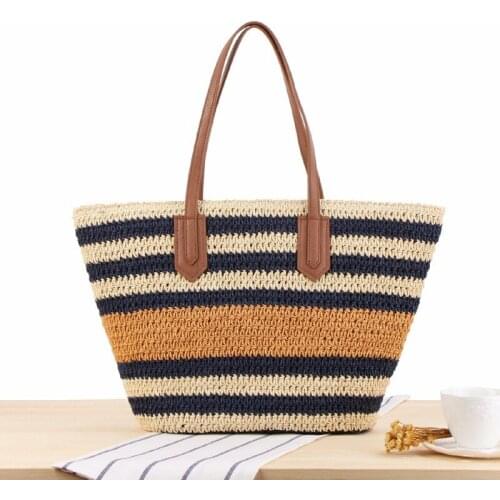 New Striped Shoulder Straw Bag Korean Ins Sen Holiday Vacation Woven Beach Leisure Bag
