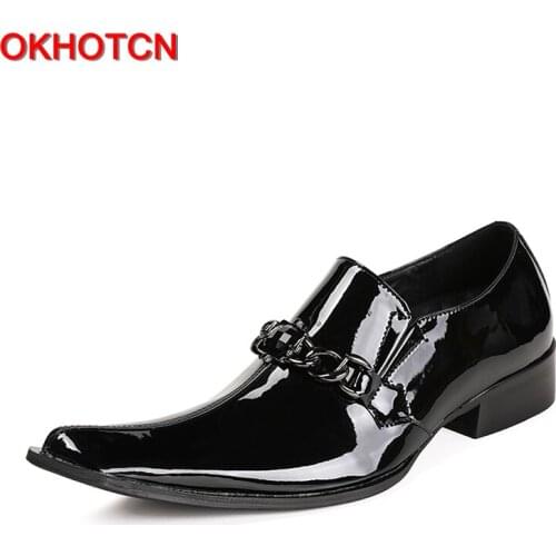OKHOTCN Pure black man spring autumn shoes genuine leather man formal shoes business party shoes metal decoration square toe