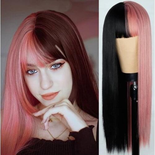 VOGUESI Lolita Half Black Half Pink Wig For Black Women Long Straight Hair Synthetic Wigs With Bangs Heat Resistant Cosplay Wigs