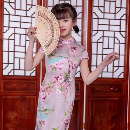 Lovely Chinese Kid Child Girl Floral Printing Cheongsam Dress girls Qipao Cotton Dress New Year gift Party Evening Wear