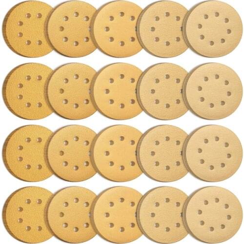 SATC 100PCS 5 Inch Hook and Loop 8 Holes 60/80/120/150/220 Grits Gold Sanding Discs for Orbital Sander