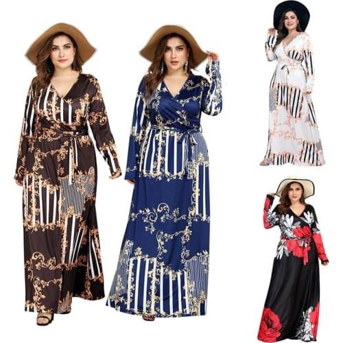 Spring Autumn Fashion Printing Beach Long Dress Women Plus size Sexy Deep V Sashes Casual Holiday Evening Party Maxi Dresses 4XL
