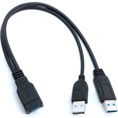 Black USB2.0& 3.0 Female to Dual USB Male Extra Power Data Y Extension Cable for 2.5 inch Mobile Hard Disk
