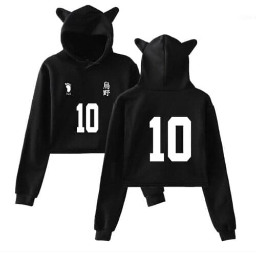 Anime Haikyuu Crop Top Hoodie Karasuno High School Kawaii Cat Ear Cropped Short Sweatshirt Hooded Pullover Women Tops Cosplay