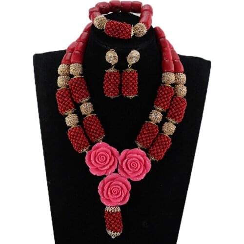 Gorgeous Red Coral African Beads Jewelry Set Flower Bib Statement Necklace Set for Brides Nigerian Women Jewellery Set CNR914
